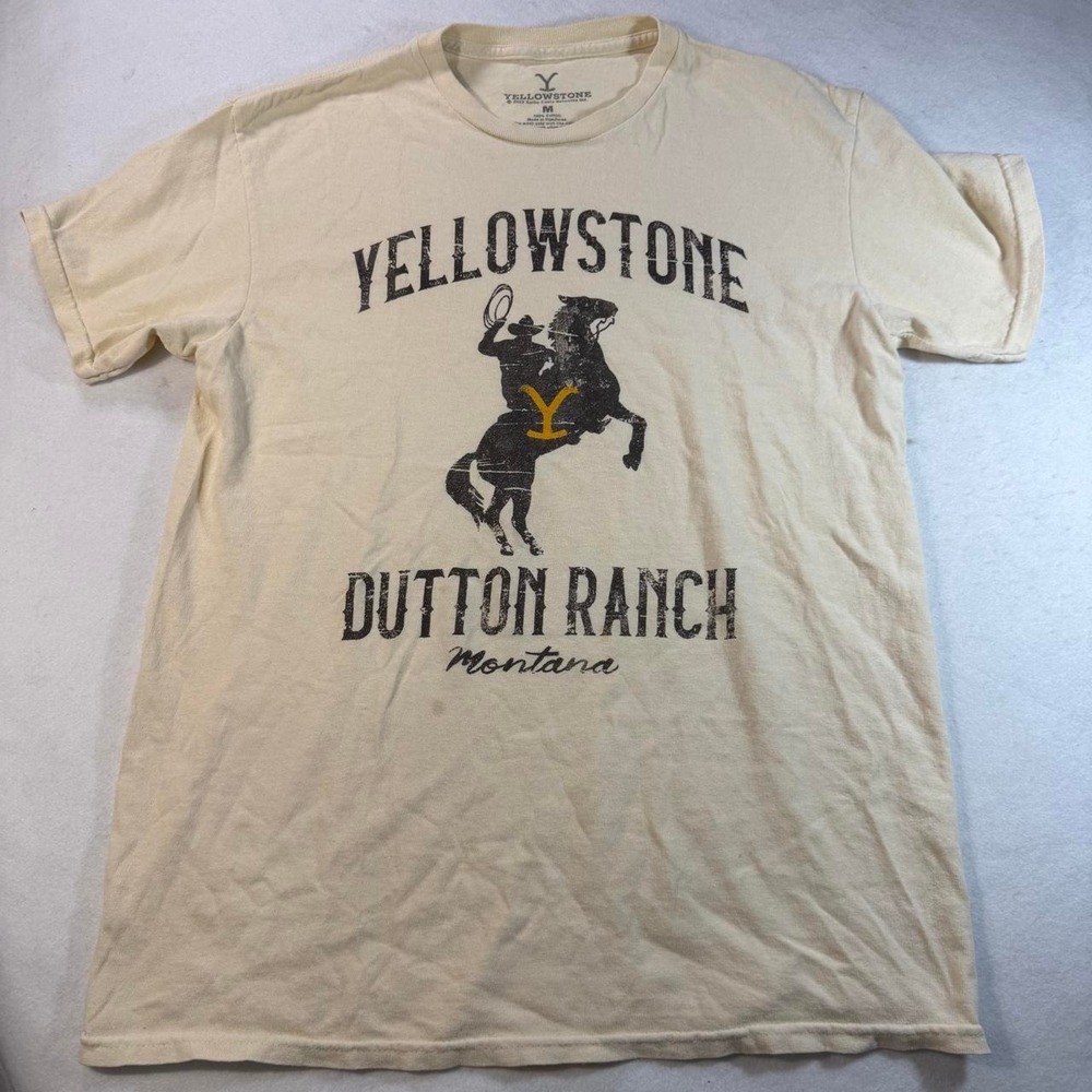 Yellowstone Dutton Ranch Western Graphic Tee Cream Size M Cowboy Montana Shirt